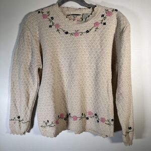 Vintage 90s Northern Reflections M Floral Embroidered Cotton Ramie Sweater